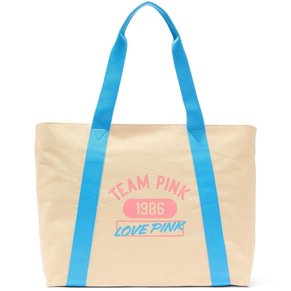 PINK Victoria's Secret Handbags - PINK Victoria's Secret Cream Canvas Tote with Bright Blue Straps